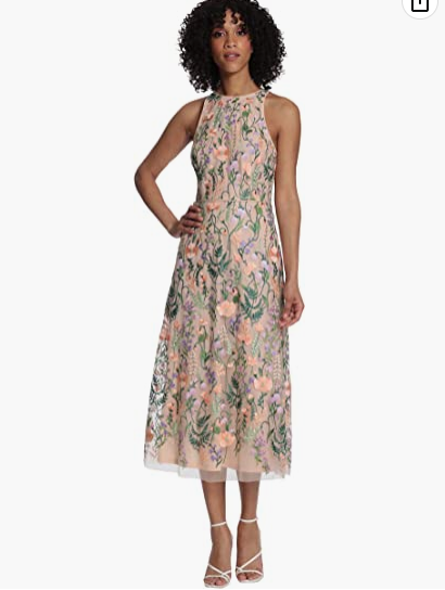 Maggy London Women's Floral Embroidered Halter Midi Dress with Back V-Neck