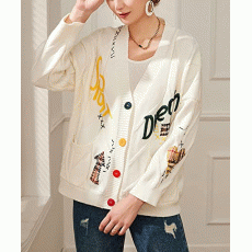 Women\'s Cable Knit Long Sleeve Open Front Cardigan Sheep V-Neck Button Down Embroidery Wool Blend Sweater Coat Outwear