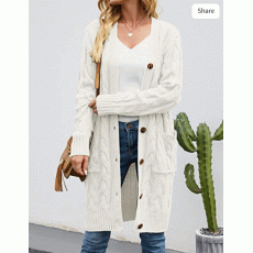 Womens Long Sleeve Cable Knit Long Cardigan Open Front Button Sweater Outerwear
